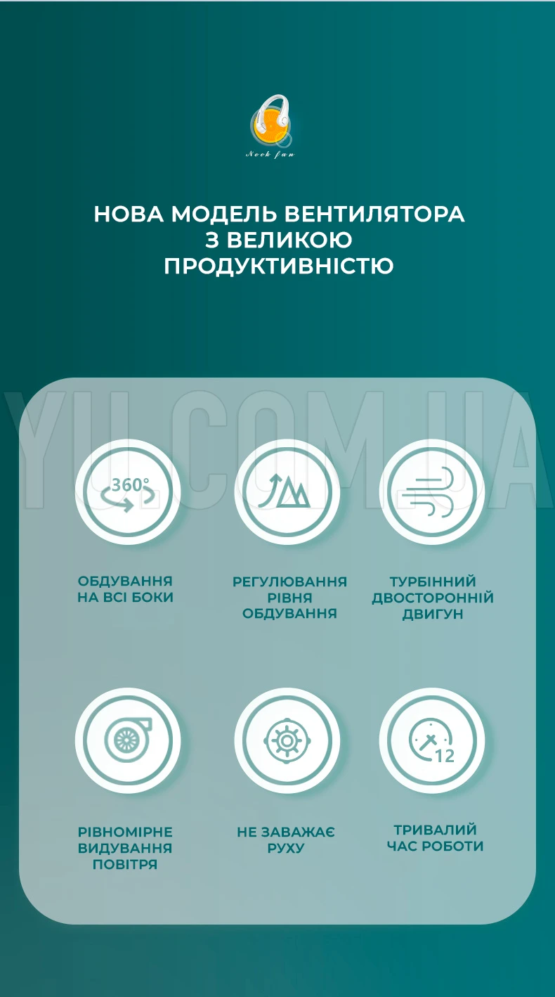 Вентилятор на шию портативний WX-6504 з акумулятором 4000 мАч + 3 режими обдування заряджання USB